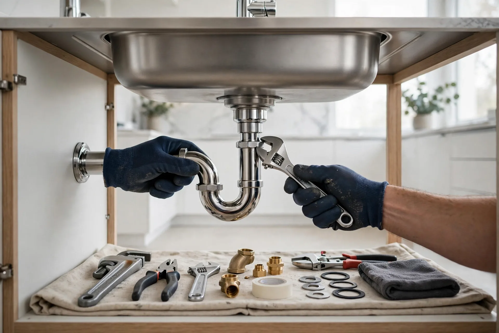 Plumber finishing a water heater installation in Bowie, MD by Bowie Plumbing Company